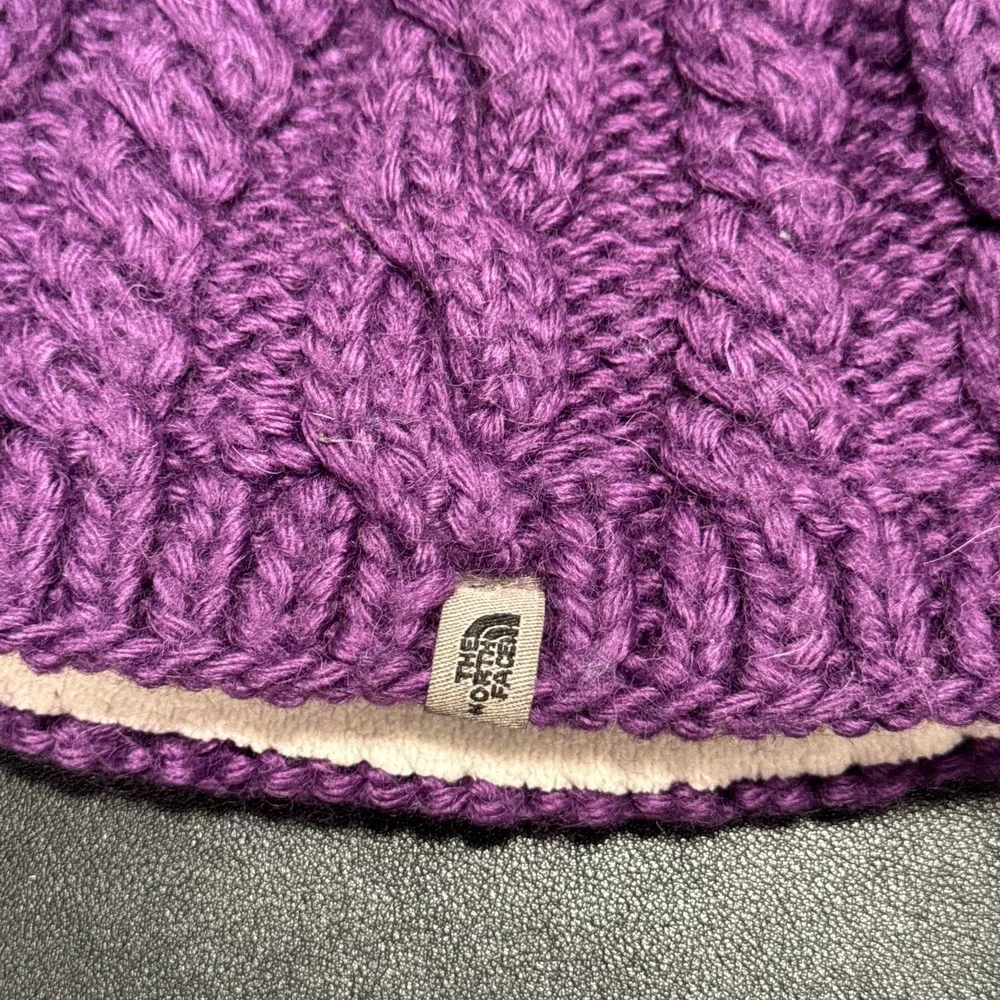The North Face Beanie Purple Hat Crap Cable‎ Knit Alpaca Wool Blend Fleece Lined